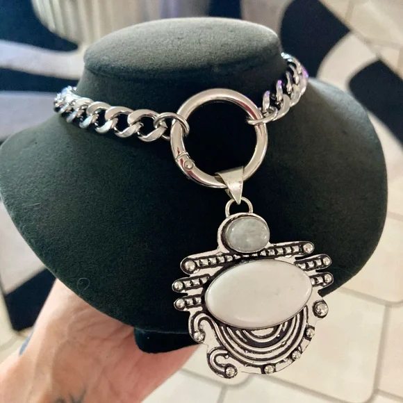 925 Sterling silver overlay crystal quartz & white agate gemstone boho necklace - Picture 6 of 11